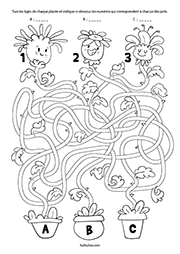 Fiche de jeux à imprimer, pots et fleurs, maternelle GS et CP