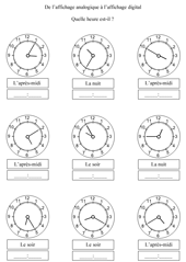 Analogique à digital - minutes Exercices à imprimer pour apprendre à lire l'heure