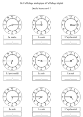 Analogique à digital - quart d'heure Exercices à imprimer pour apprendre à lire l'heure