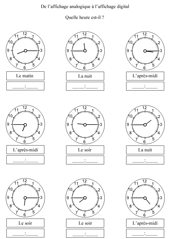 Exercices à imprimer pour  apprendre à lire l'heure