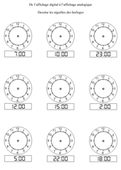 De numérique à analogique - les heures entières Exercices à imprimer pour apprendre à lire l'heure