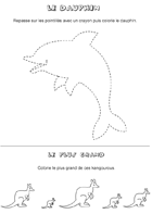 Fiche de jeux ; dessin en pointillés, le dauphin; le plus grand des kangourous