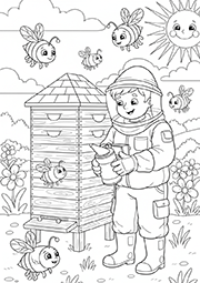 Coloriage apiculteur, ruche et abeilles